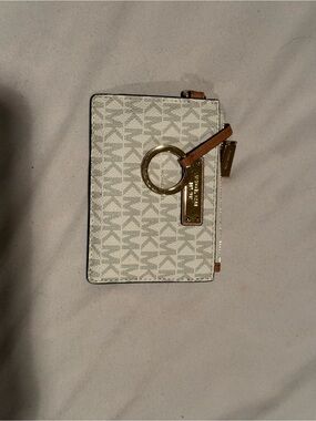 Michael Kors Cream Logo Zip Card Case with Tan Trim and Gold Hardware